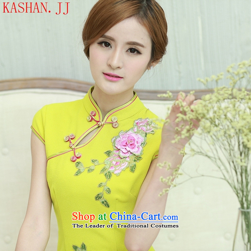 Mano-hwan's 2015 new summer qipao short-sleeved 7 cuff embroidered improved daily embroidery qipao retro dresses lemon yellow?XL