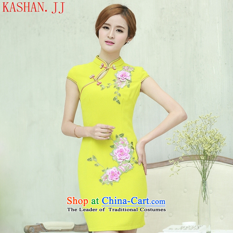 Mano-hwan's 2015 new summer qipao short-sleeved 7 cuff embroidered improved daily embroidery qipao retro dresses lemon yellow XL, Susan Sarandon Zaoyuan (KASHAN.JJ card) , , , shopping on the Internet