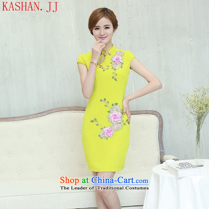 Mano-hwan's 2015 new summer qipao short-sleeved 7 cuff embroidered improved daily embroidery qipao retro dresses lemon yellow XL, Susan Sarandon Zaoyuan (KASHAN.JJ card) , , , shopping on the Internet