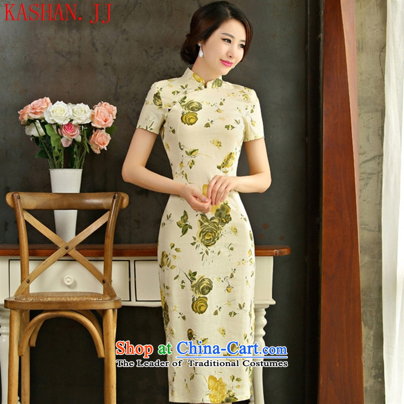 Mano-hwan's cotton linen dresses 2015 spring_summer load retro Sau San video short-sleeved thin large improved linen long qipao new HUANGMEI?XL