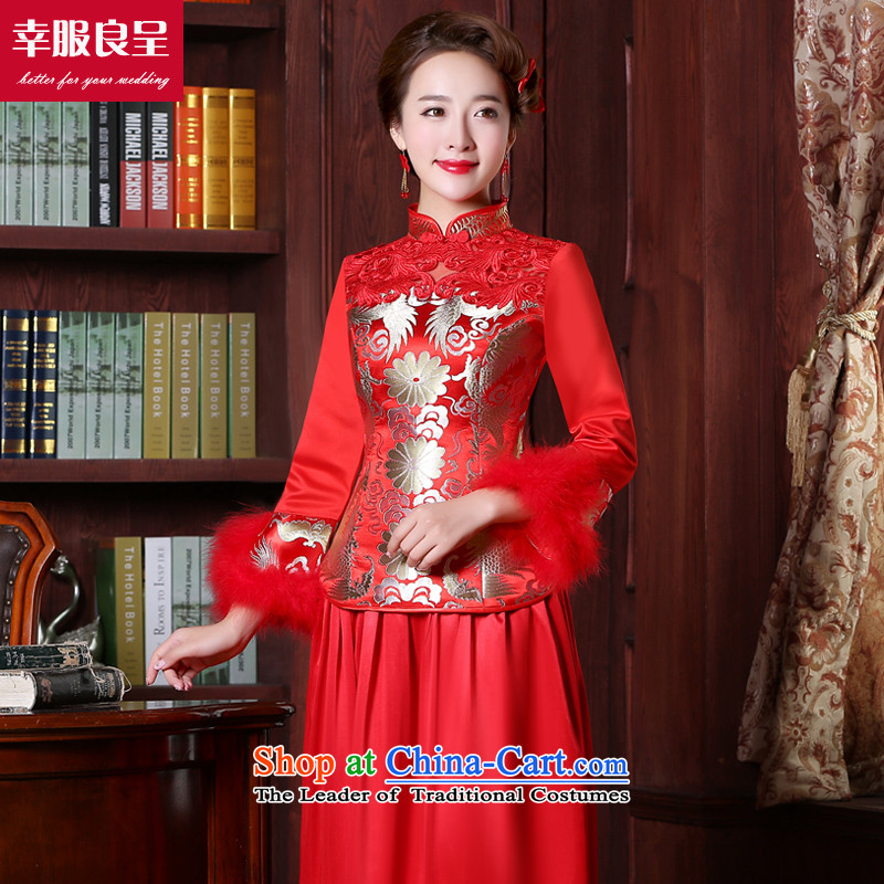 Red Winter bows to Chinese wedding dress bridal dresses long large stylish replacing Ms. bride wedding dress Red 2XL