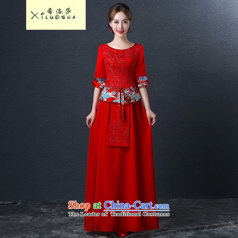 Hillo XILUOSHA Lisa _bride dress red marriage_ bows in qipao cuff-soo kimono gown long Chinese New Year 2015 Autumn RED?M