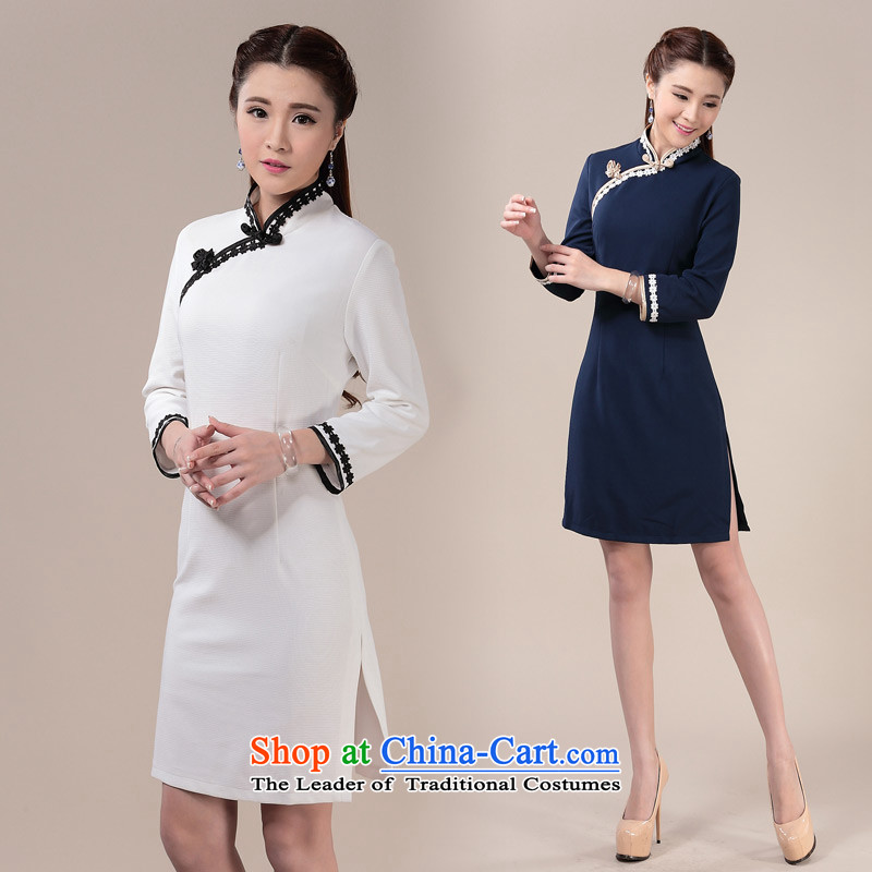 Opertti the 2015 autumn and winter Platinum New Daily knitting sweet arts cheongsam dress ethnic antique dresses cheongsam blue , L, the Platinum- shopping on the Internet has been pressed.