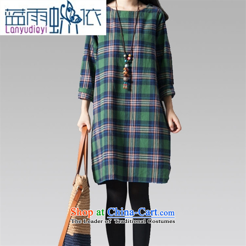 * Store and involved with the new 2015 autumn large segments of the liberal arts van long-sleeved cotton linen dresses female Green Grid XL, blue rain butterfly according to , , , shopping on the Internet