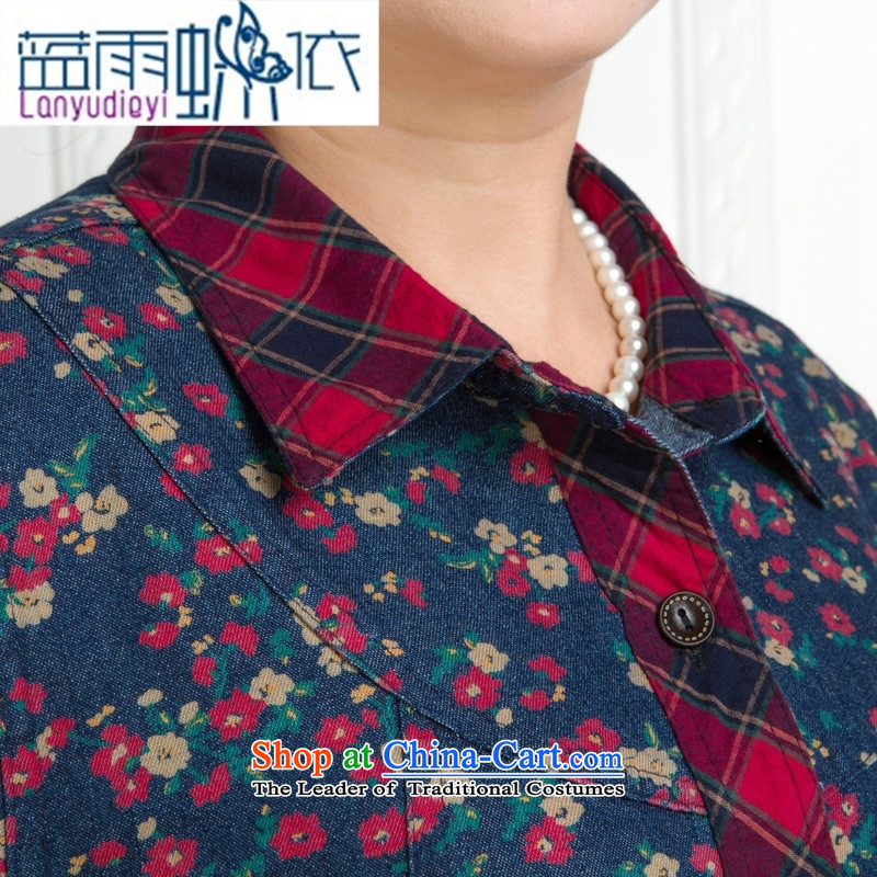 * Store and involve the new Korean fashion, female older saika stitching cotton shirt, long-sleeved relaxd reverse collar installed grid for L mother blue rain butterfly according to , , , shopping on the Internet
