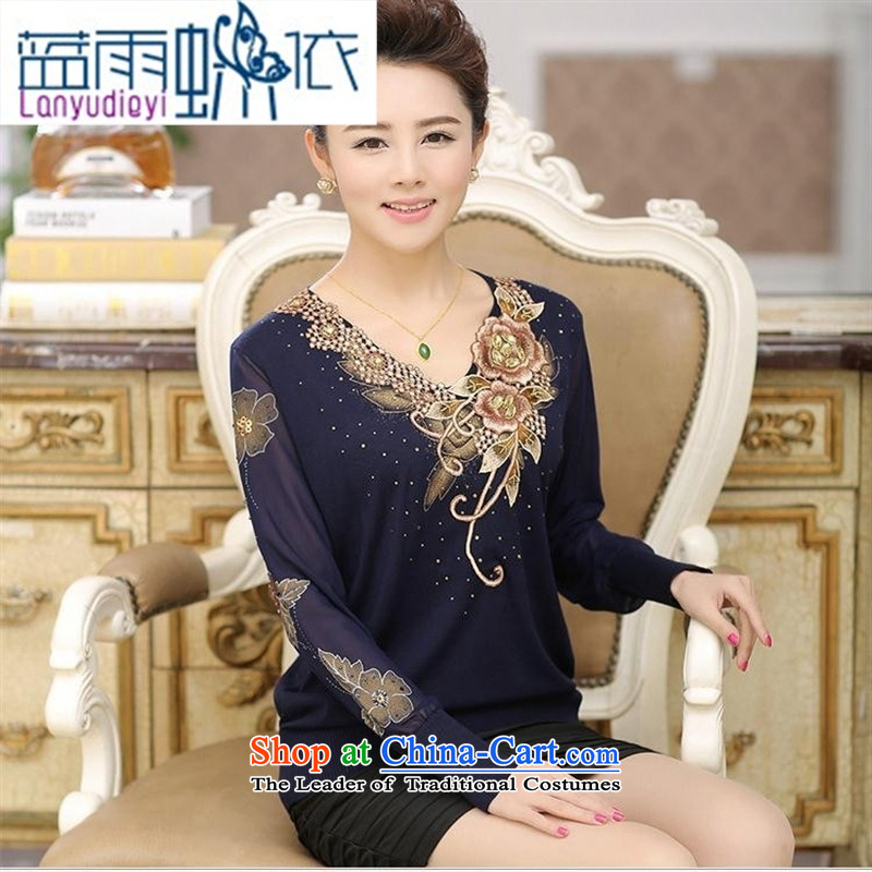 * Store and involving older summer hook with flower patterns mother load Knitted Shirt ironing drill stitching spinning cuff long-sleeved T-shirt large relaxd Purple Butterfly to 110, blue rain shopping on the Internet has been pressed.