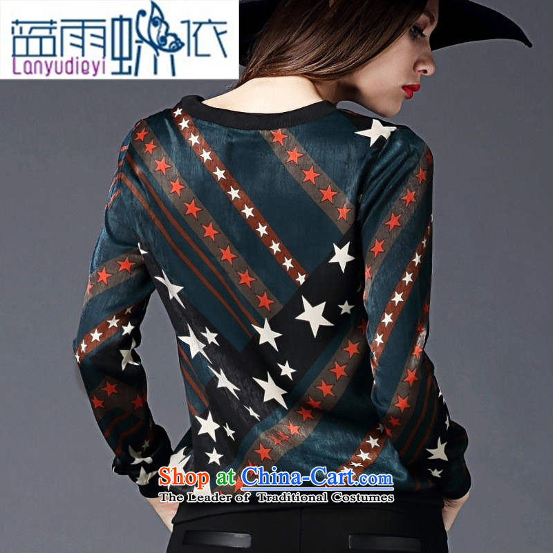Ya-ting shop European station 2015 Autumn New Western Pentagon replacing stamp long-sleeved T-shirt, forming the video thin wild green T-shirt , blue rain butterfly according to , , , shopping on the Internet