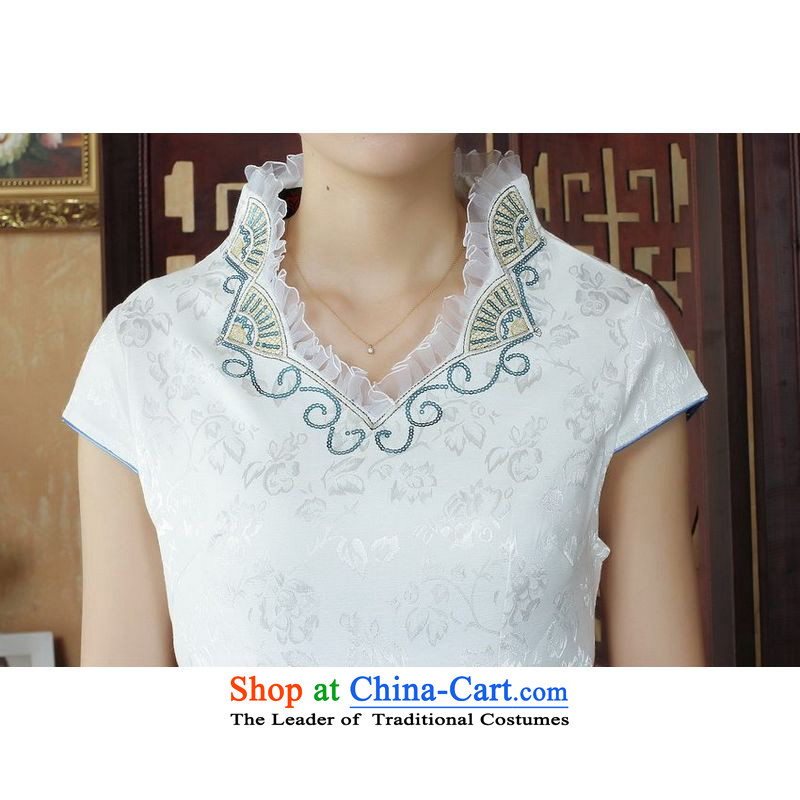 She was particularly Ms. Tang dynasty qipao trim improved summer cheongsam collar embroidered Foutune of dress dresses White XL, she was particularly international shopping on the Internet has been pressed.