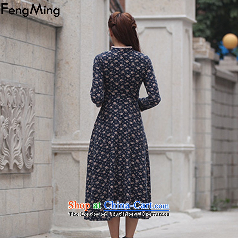 Hsbc Holdings Plc 2015 Autumn Ming new long-sleeved qipao China wind collar disc detained Sau San long dress Dark Blue M Fung Ming (fengming) , , , shopping on the Internet