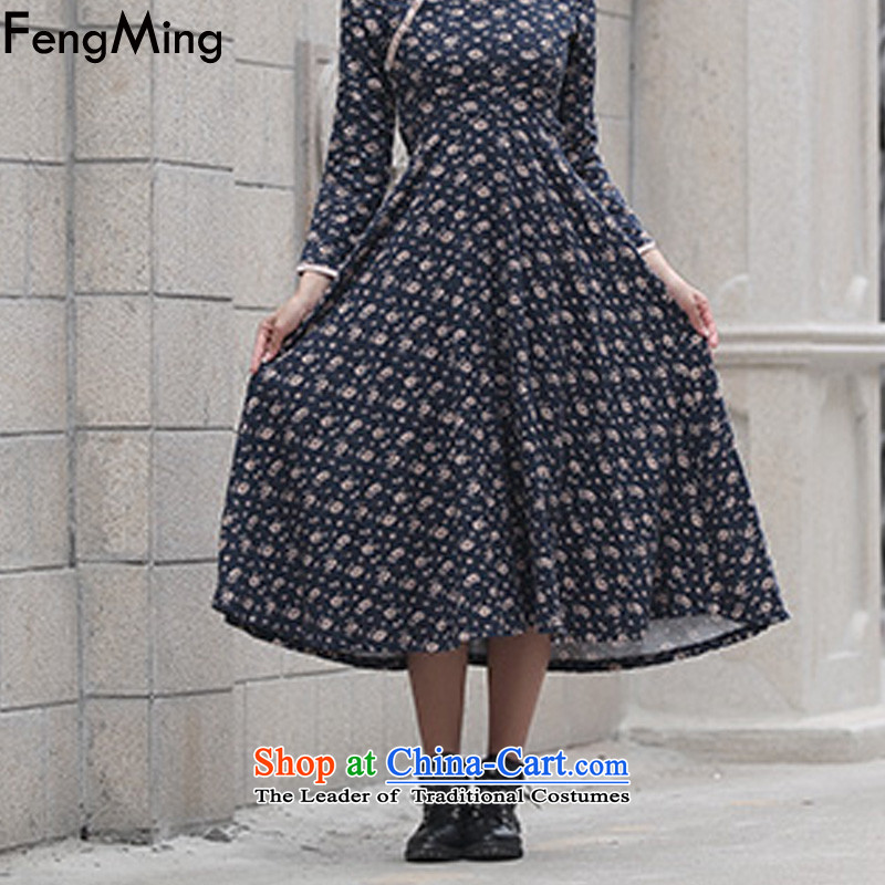 Hsbc Holdings Plc 2015 Autumn Ming new long-sleeved qipao China wind collar disc detained Sau San long dress Dark Blue M Fung Ming (fengming) , , , shopping on the Internet
