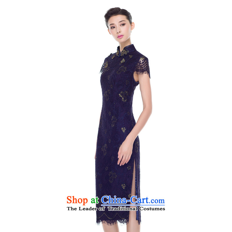 Wooden Lace Embroidery to a really long in the autumn of 2015, the new cheongsam dress daily banquet cheongsam dress 43132 10 Deep Blue M : The True , , , shopping on the Internet