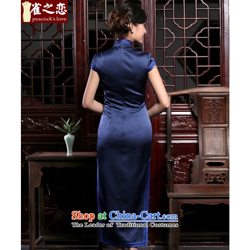 Love of birds poetic autumn 2015 installed new retro manually push embroidered heavyweight Silk Cheongsam QD808 improved long navy S-pre-sale for 15 days, love birds , , , shopping on the Internet