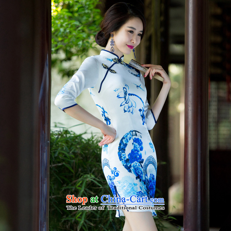 Yuan of blue porcelain 2015 cheongsam dress new retro fitted qipao autumn improved dresses, seven cuff SZ3C004 qipao picture color M YUAN YUAN of SU) , , , shopping on the Internet