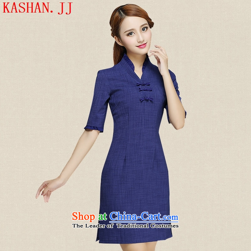 Mano-hwan's 2015 new summer cotton linen dresses skirt retro daily improved Sau San qipao cheongsam dress Blue M Card Shan (KASHAN.JJ CHRISTMASTIME) , , , shopping on the Internet