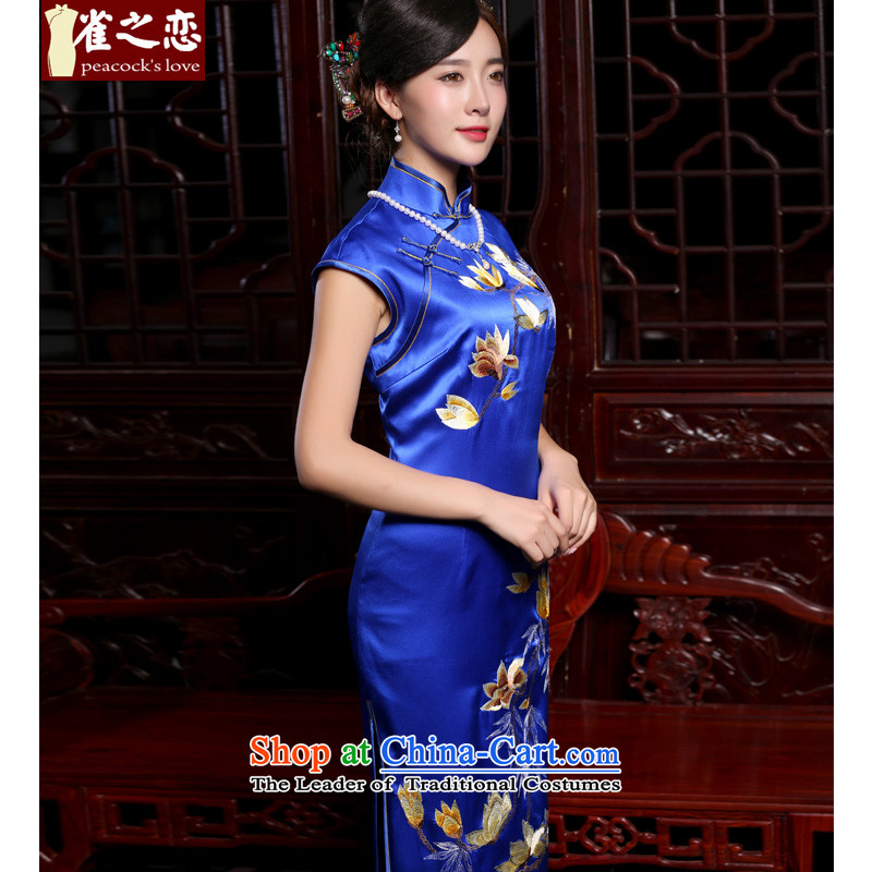 Love of birds intended by the autumn of 2015, with new royal blue embroidery heavyweight silk cheongsam dress QD778 long figure XL, love birds , , , shopping on the Internet