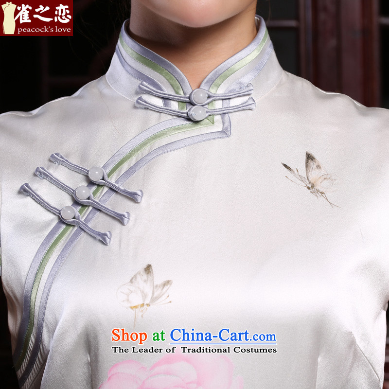 Love birds Che-ying autumn 2015 new traditional hand-painted retro improved long heavyweight Silk Cheongsam QD801 White XL, love of birds , , , shopping on the Internet