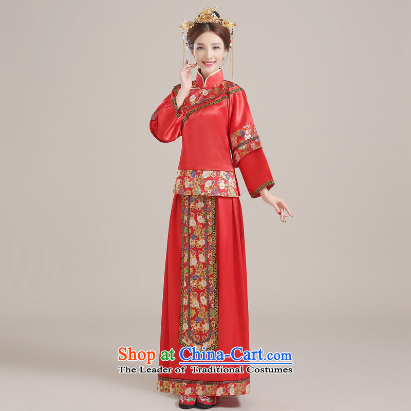 Time Syrian Chinese style wedding-soo wedding gown Wo Service Bridal pregnant women married to large red long-sleeved gown dragon costume qipao bows use RED M Time Syrian shopping on the Internet has been pressed.