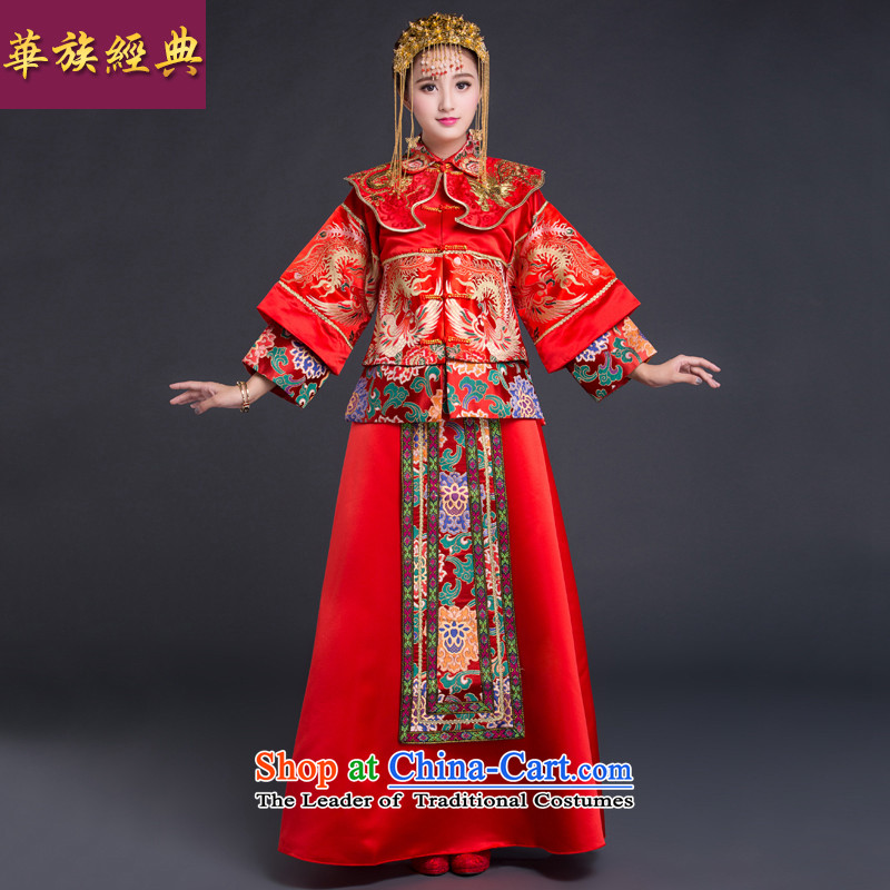 Chinese ethnic groups show services classic Chinese dragon costume wedding dress use bows clothing brides fall and winter long-sleeved wedding gown red?L