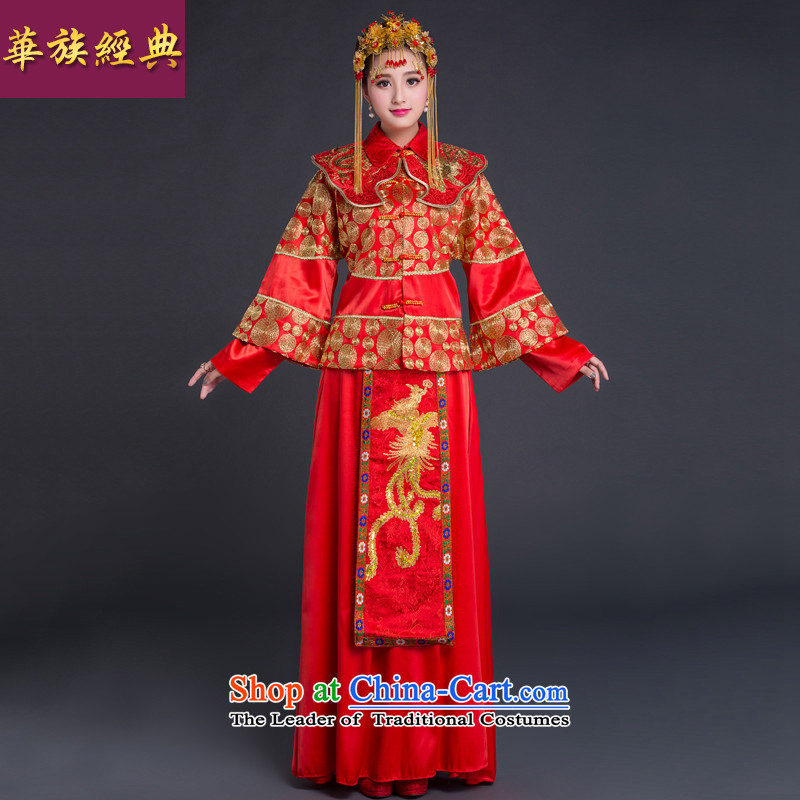 Chinese Classic New-soo-wo service bridal dresses marriage bows serving Chinese boxed longfeng wedding gown autumn long-sleeved qipao RED?M