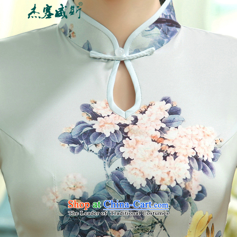 In the new kit, women's daily retro spring and autumn silk dresses collar short-sleeved Sau San long cheongsam dress C0017 female light blue XXL, Jie in Wisconsin, , , , shopping on the Internet