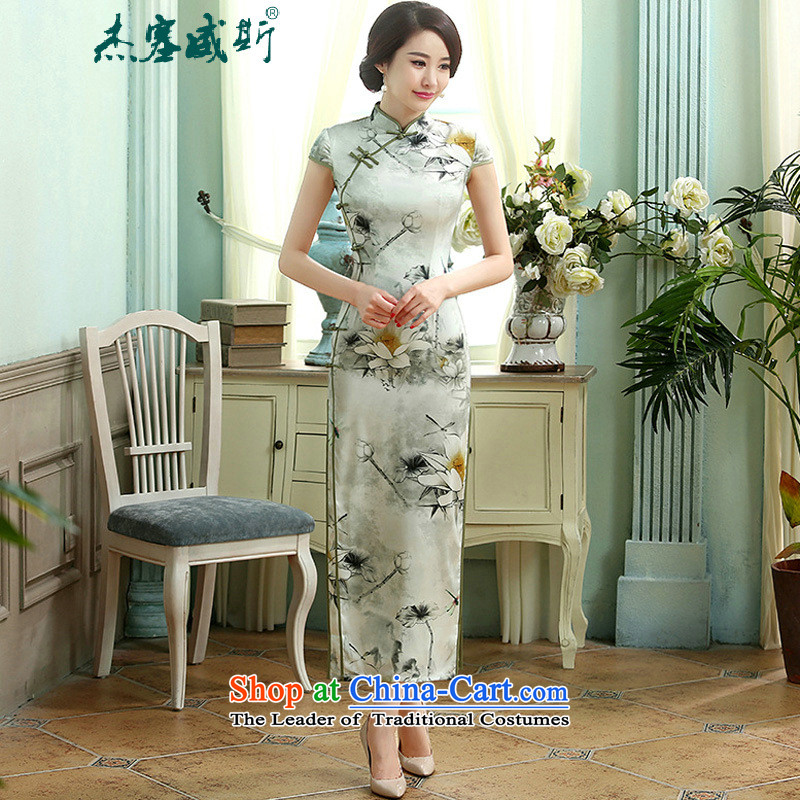 In the spring and autumn kit for women daily retro elegant silk dresses collar short-sleeved one row of deduction of Qipao Sau San female?C0013 XXL
