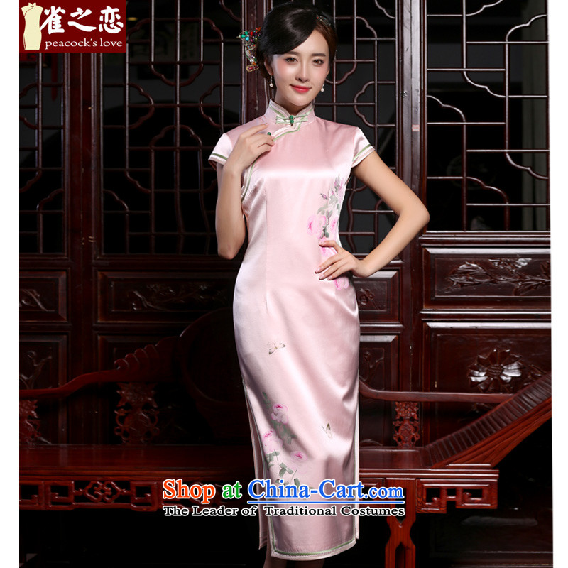Love of birds, red?autumn 2015, more new traditional hand-painted silk cheongsam QD802 pink?L