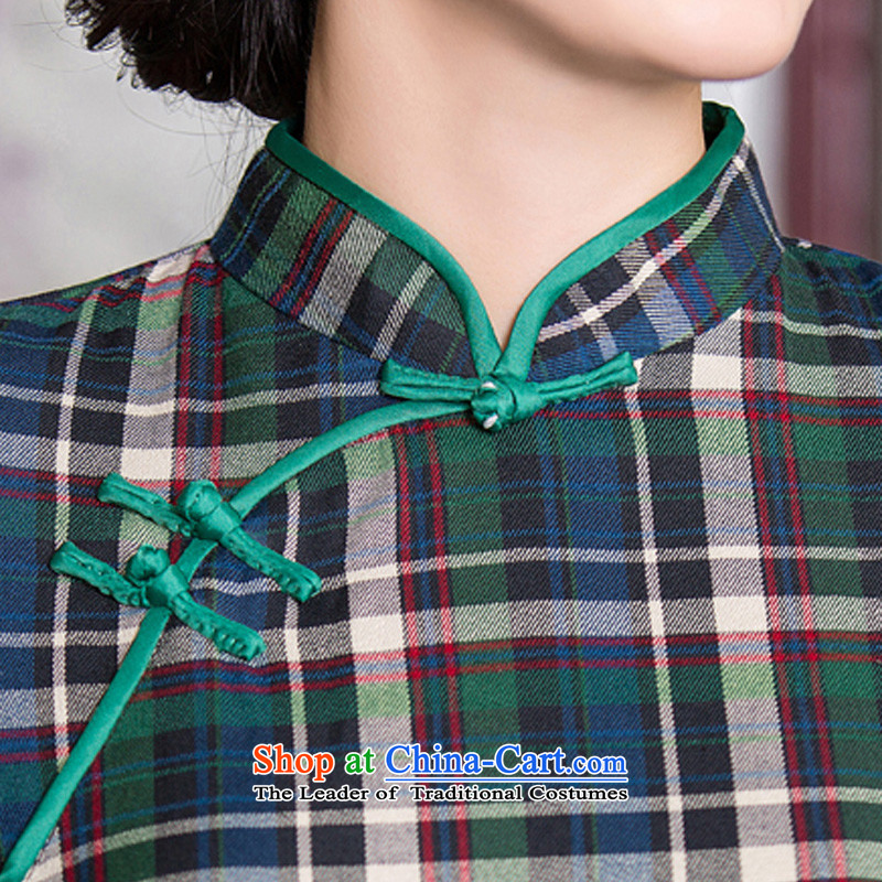 Ink 歆 qipao autumn 2015 also Tsing replace retro new improvements qipao skirt in Ms. cuff latticed cheongsam dress QD094 Green Grid van arts M Ink 歆 MOXIN (shopping on the Internet has been pressed.)