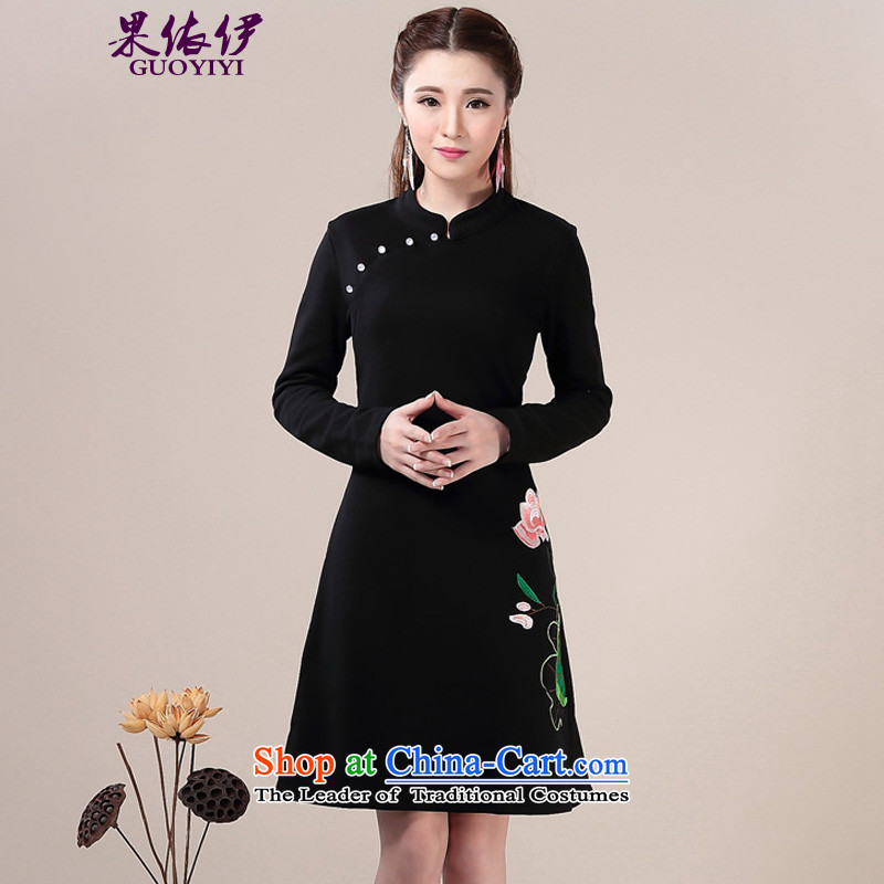 In accordance with the results of the?2015 Autumn El new women's larger women wear skirts video thin Sau San long-sleeved dresses 8,592 Black?XXL