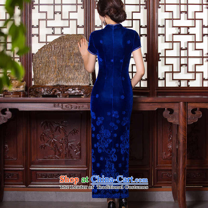 The Hong Kong and New 2015 歆) scouring pads cheongsam dress long antique style qipao gown of older Ms. qipao autumn replacing  ink 歆 QD268-9 blue, L (MOXIN) , , , shopping on the Internet