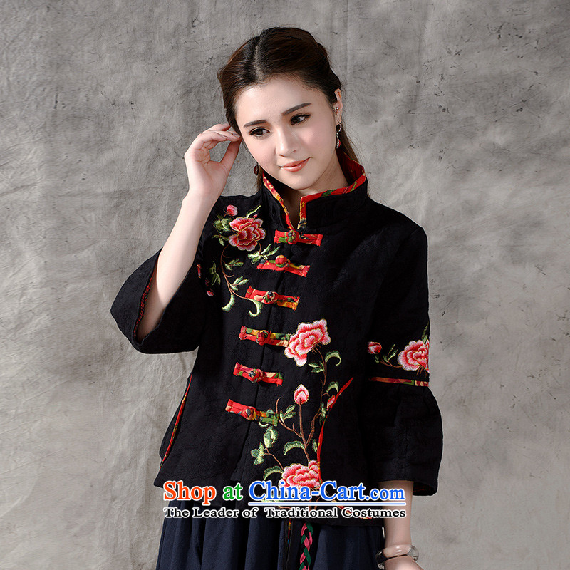 In accordance with the results of the 2015 autumn of the new national wind up the clip Tang retro blouses cotton linen loose 9 embroidered short-sleeved jacket 913 Black M (in accordance with the results of the GUOYIYI) , , , shopping on the Internet