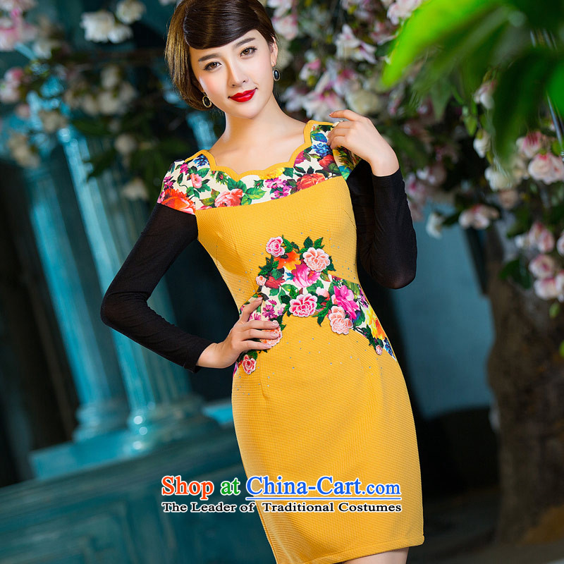 Eason Chan point cheongsam dress 2015 Autumn stylish improved long-sleeved Sau San video thin daily Chinese Ethnic Ms. dresses turmeric yellow XXXL, Eason Chan point , , , shopping on the Internet