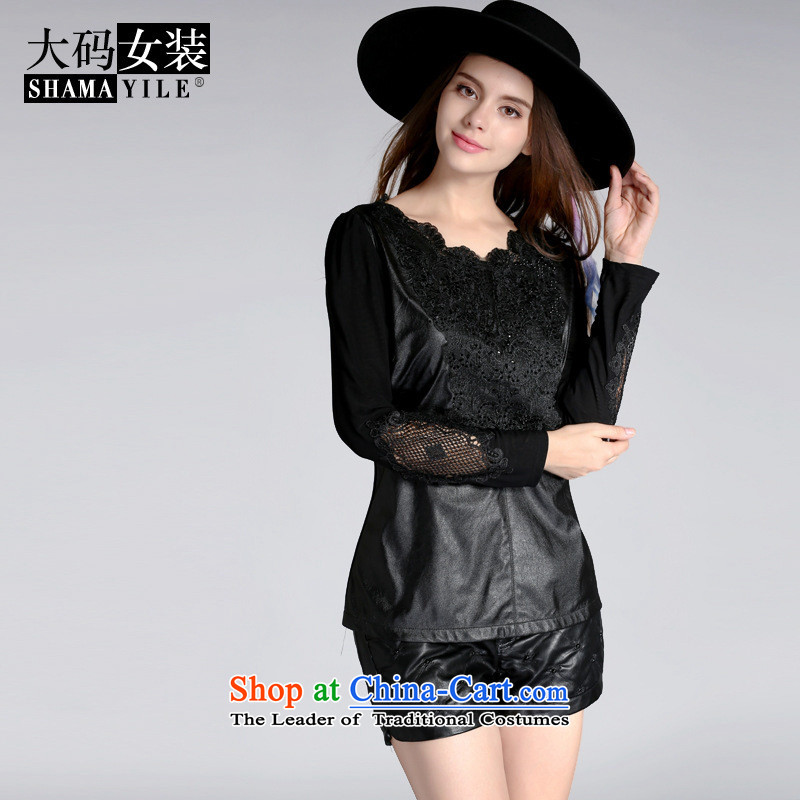 Mano-hwan's European site with the new 2015 Autumn engraving stitching long-sleeved T-shirt female Sau San larger lace forming the Netherlands 8063 Black XXXL, Card (KASHAN.JJ bandying Susan Sarandon) , , , shopping on the Internet