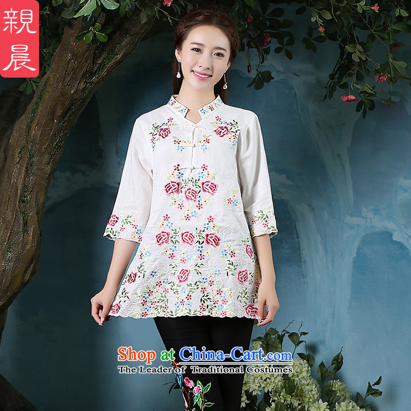 2015 New Large Tang dynasty retro-day short of qipao stylish improved traditional shirt with white linen autumn Ms. + North Pattaya yarn embroidery and black trousers XL, pro-am , , , shopping on the Internet