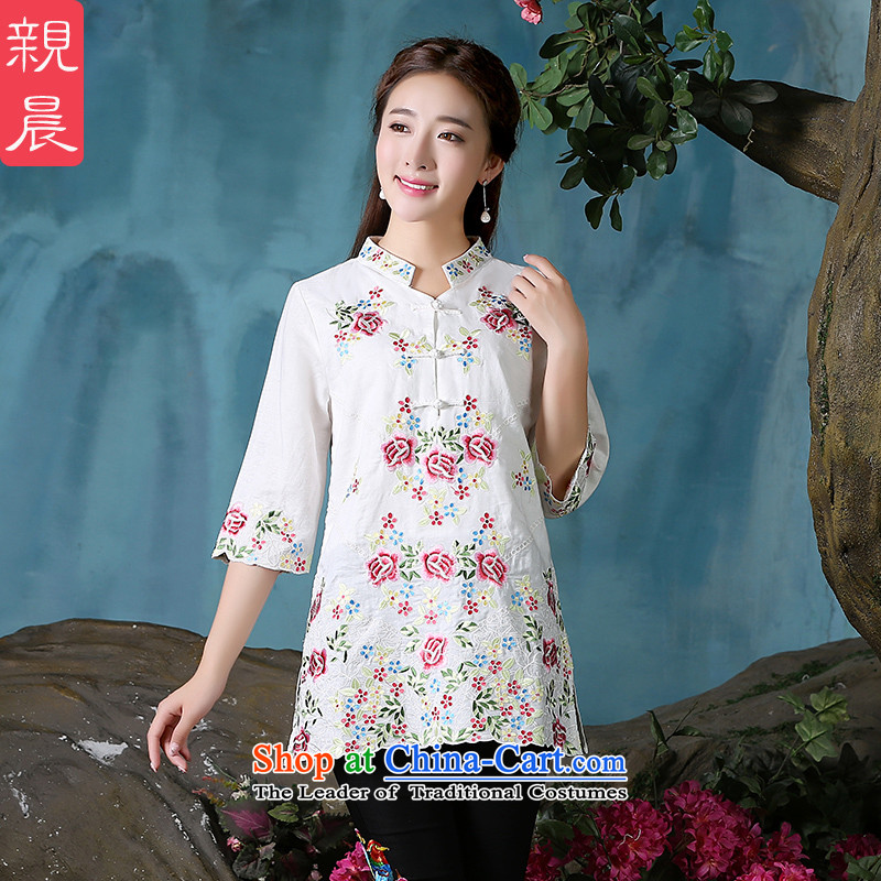 2015 New Large Tang dynasty retro-day short of qipao stylish improved traditional shirt with white linen autumn Ms. + North Pattaya yarn embroidery and black trousers XL, pro-am , , , shopping on the Internet
