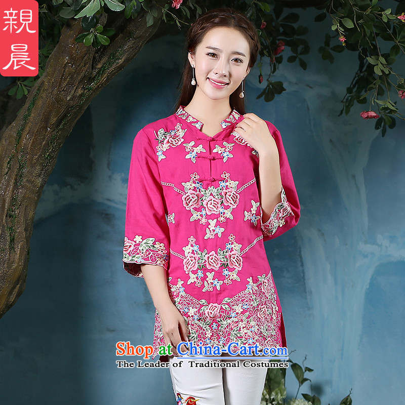 Load the autumn morning pro-2015 new larger shirt retro ethnic Tang Dynasty Chinese cotton linen clothes cheongsam dress in red + North Pattaya yarn embroidery white trousers 2XL, pro-am , , , shopping on the Internet