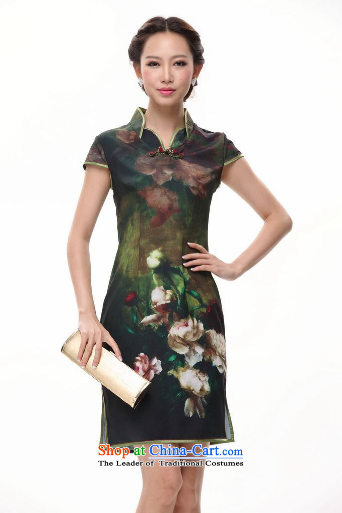 Mano-hwan's 2015 Spring/Summer new improved retro stamp cheongsam Dress Casual Day-to-day short-sleeved qipao QP002-5 GREEN XL Photo, prices, brand platters! The elections are supplied in the national character of distribution, so action, buy now enjoy more preferential! As soon as possible.