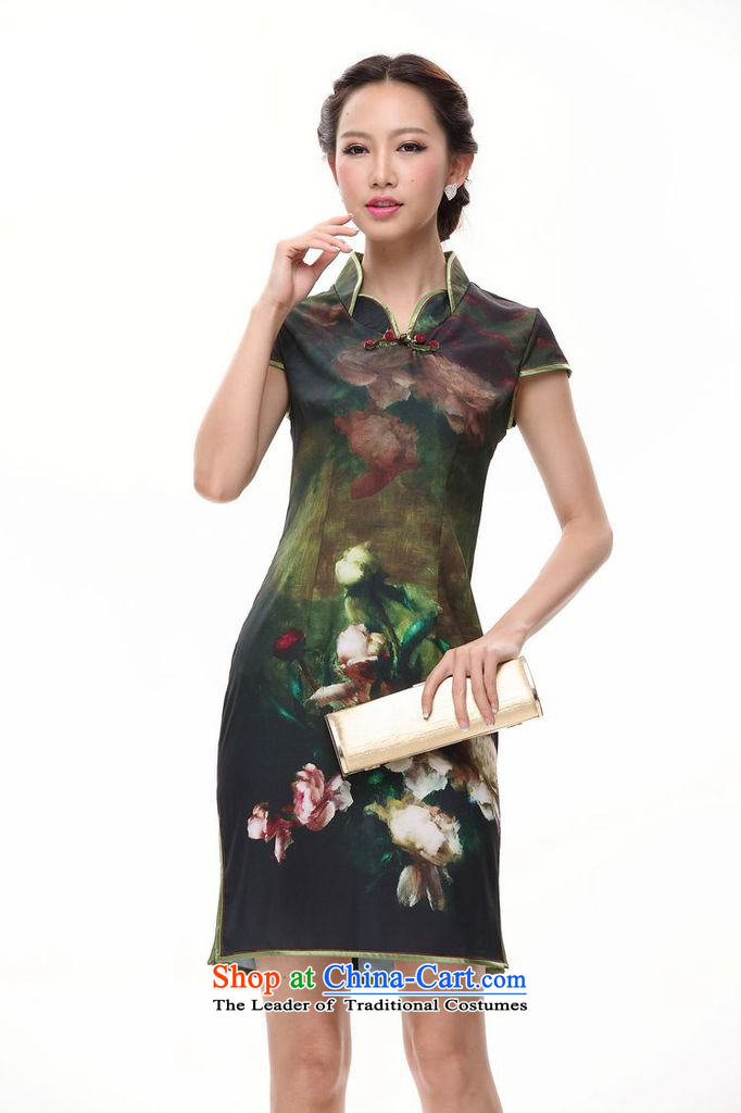 Mano-hwan's 2015 Spring/Summer new improved retro stamp cheongsam Dress Casual Day-to-day short-sleeved qipao QP002-5 GREEN XL Photo, prices, brand platters! The elections are supplied in the national character of distribution, so action, buy now enjoy more preferential! As soon as possible.