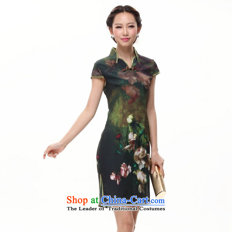 Mano-hwan's 2015 Spring_Summer new improved retro stamp cheongsam Dress Casual Day-to-day short-sleeved qipao QP002-5 GREEN?XL