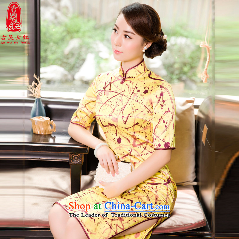 The Wu Chun-hung with female silk cheongsam dress 2015 new daily in the Sau San long for women dress dresses Yellow?XL