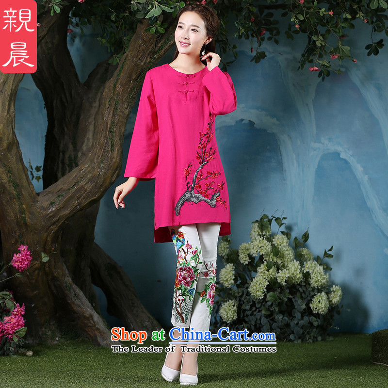 At 2015 new pro-cotton linen clothes daily improved stylish qipao autumn, long-sleeved retro improvement of Tang Dynasty, long-sleeved red + North Pattaya Elisabeth embroidered white trousers?2XL