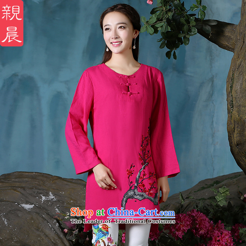At 2015 new pro-cotton linen clothes daily improved stylish qipao autumn, long-sleeved retro improvement of Tang Dynasty, long-sleeved red + North Pattaya Elisabeth embroidered white trousers 2XL, pro-am , , , shopping on the Internet