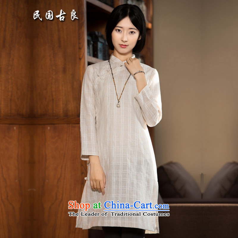 The Republic of Korea guryan autumn 2015 new cotton linen dress Chinese improved long-sleeved tray snap grid style qipao ethnic arts light color M, the Republic of Korea, Ma Tei guryan shopping on the Internet has been pressed.