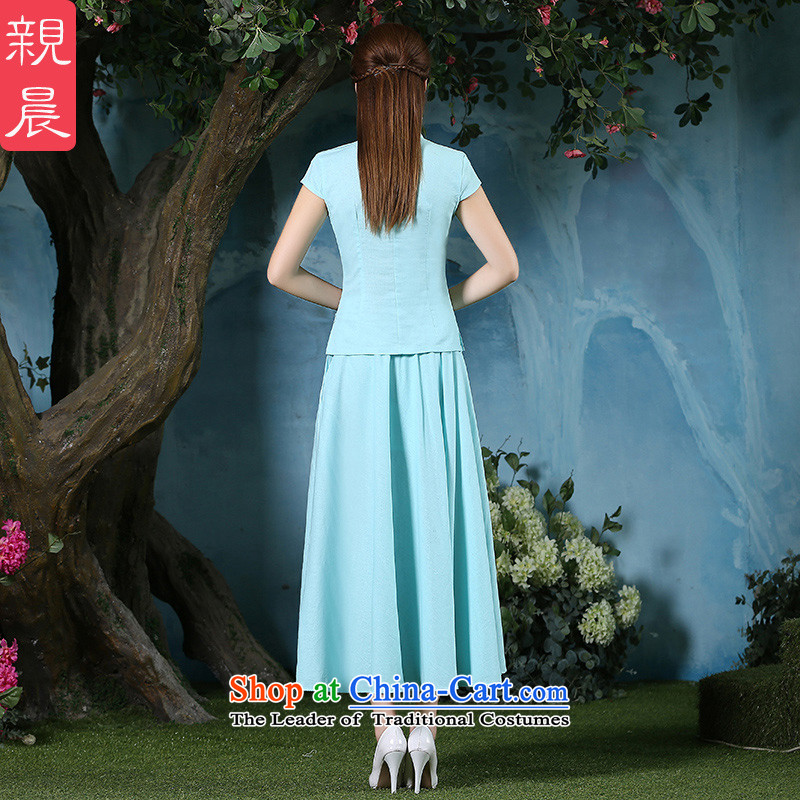 The new 2015 pro-am summer daily maximum code Ms. cotton linen clothes linen improved qipao cheongsam dress shirt + light blue skirt XL, pro-am , , , shopping on the Internet