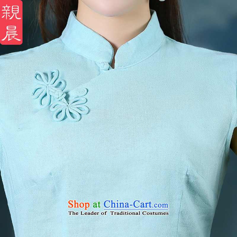 The new 2015 pro-am summer daily maximum code Ms. cotton linen clothes linen improved qipao cheongsam dress shirt + light blue skirt XL, pro-am , , , shopping on the Internet