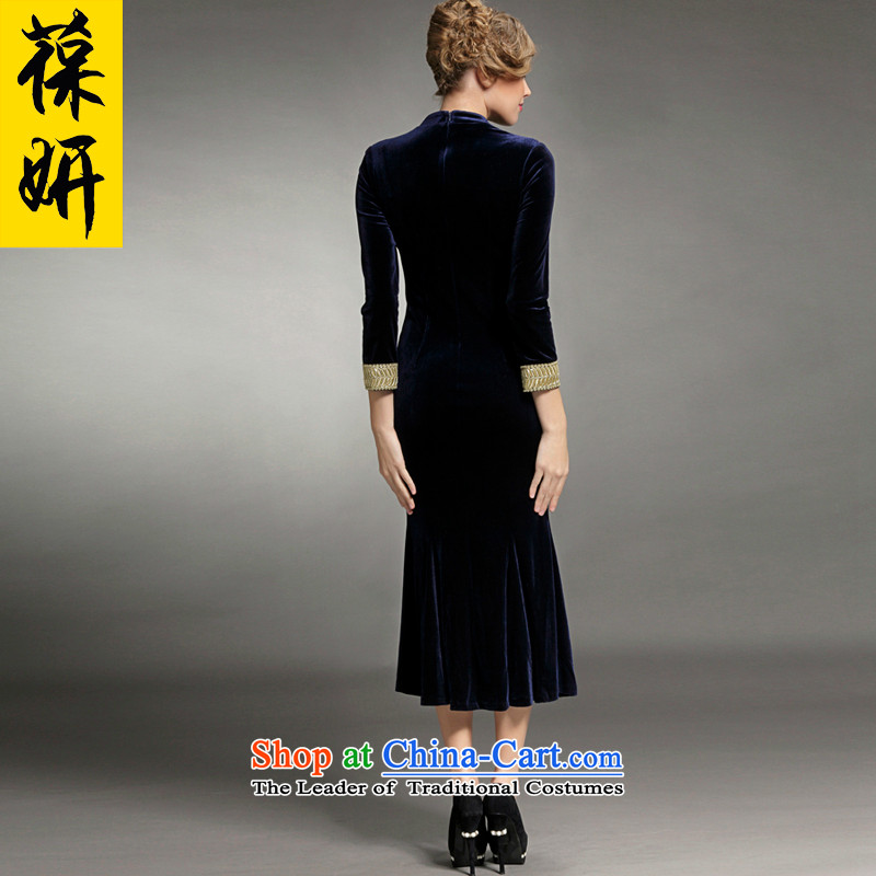 Charlene Choi 2015 Autumn and Winter 'women's dresses retro ethnic qipao 13406 Sau San dark blue velvet , L, Baorong Yeon crowsfoot shopping on the Internet has been pressed.