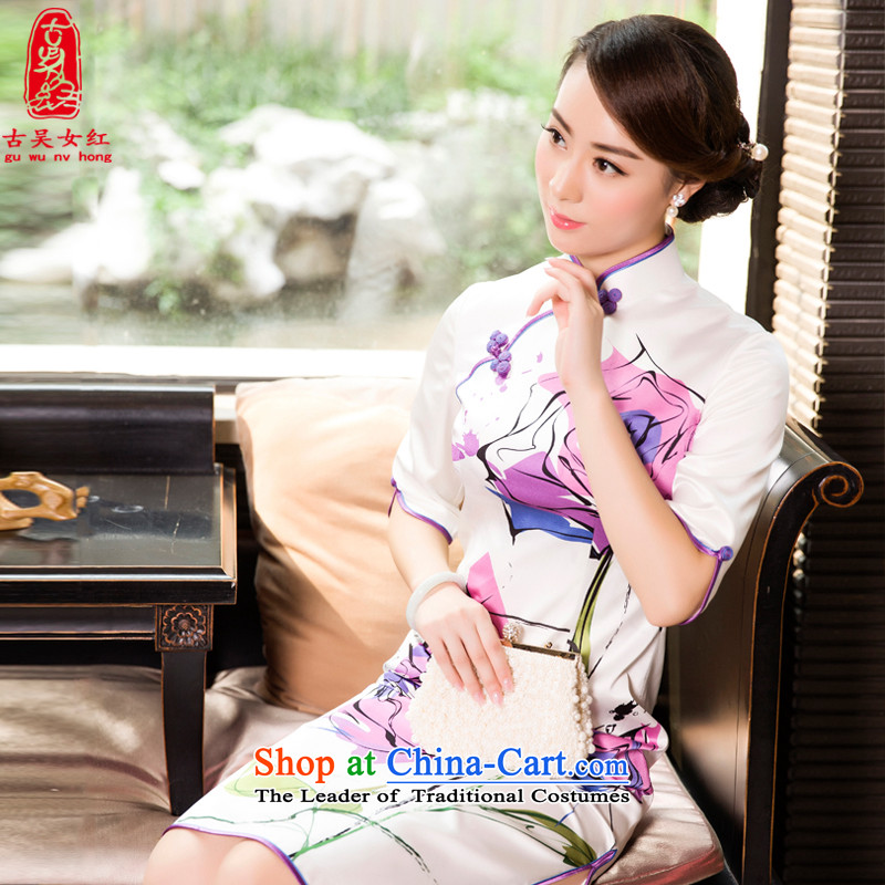 The Wu Female Red Spring and Autumn 2015 New Silk Cheongsam dress in Sau San long of daily Ms. cheongsam dress golden autumn storm white?S