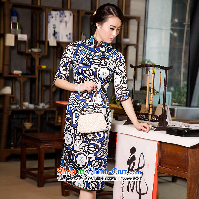 The Wu Female Red Spring and Autumn 2015 new boxed Silk Cheongsam in Sau San long-sleeved elegant qipao 7 stamp blue , L, the Wu female red , , , shopping on the Internet