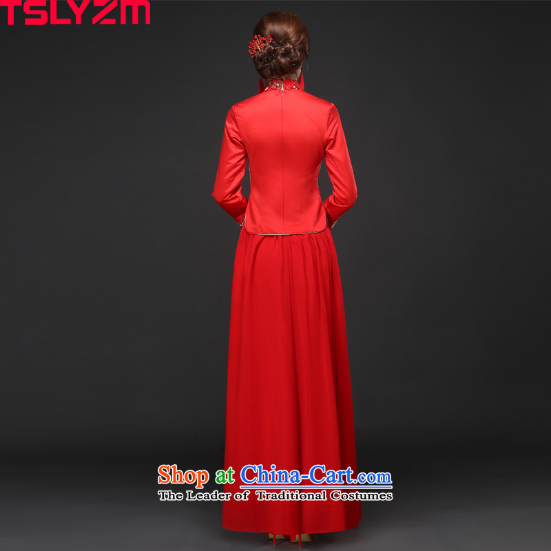 In cuff cheongsam dress tslyzm bows serving long 2015 new stylish autumn and winter bride red collar long-sleeved-soo marriage kimono red s,tslyzm,,, shopping on the Internet