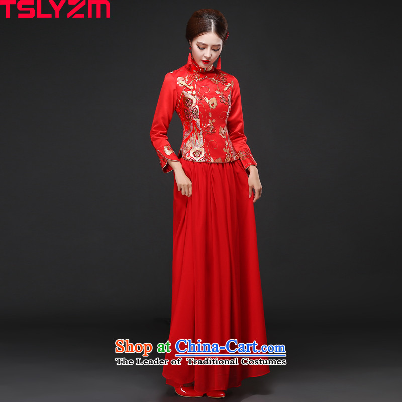 In cuff cheongsam dress tslyzm bows serving long 2015 new stylish autumn and winter bride red collar long-sleeved-soo marriage kimono red s,tslyzm,,, shopping on the Internet