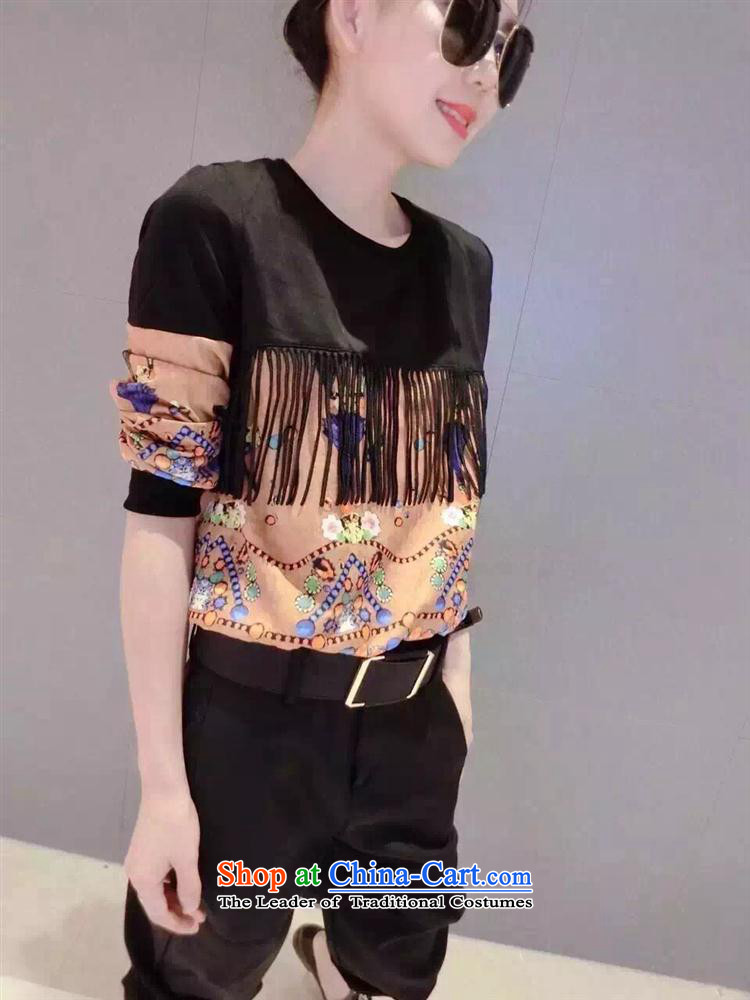 Deloitte Touche Tohmatsu sunny autumn 2015 a new shop, Korean Sleek and versatile edging stamp T-shirt female black L picture, prices, brand platters! The elections are supplied in the national character of distribution, so action, buy now enjoy more preferential! As soon as possible.
